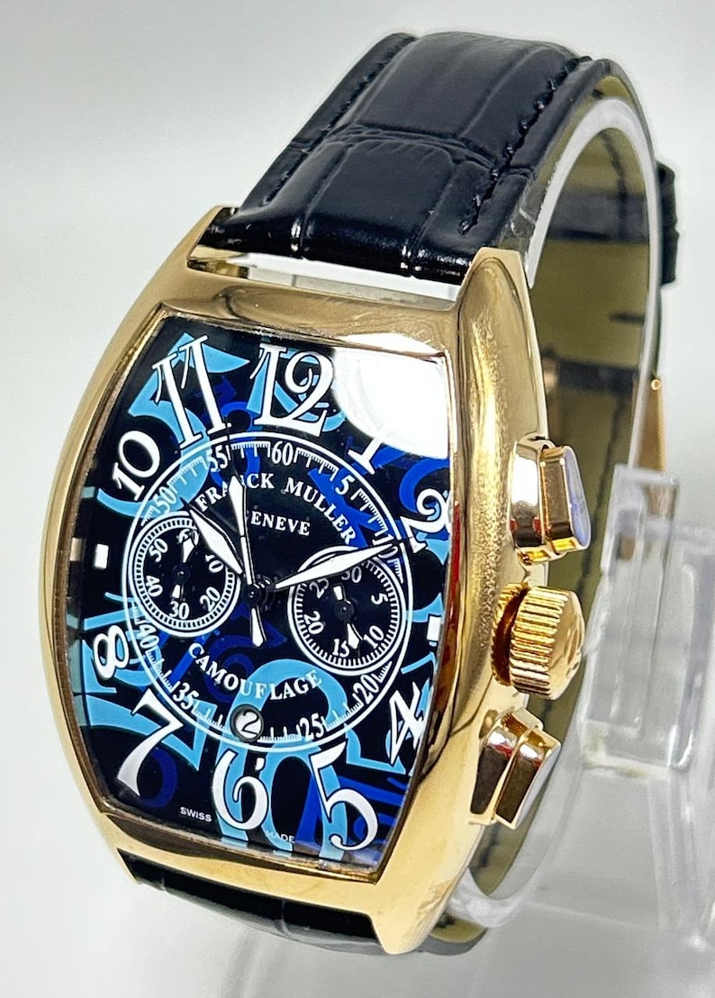 Reloj de pulsera de lujo para hombre Frank Muller Geneve, reacondicionado, con esfera negra, movimiento de cuarzo e indicador de fecha. imagen 3