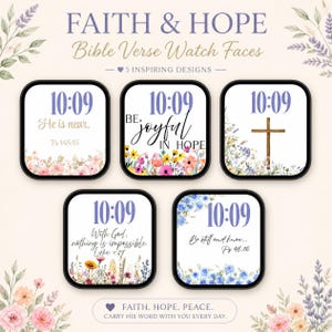 May include: Five digital watch faces featuring floral illustrations and Bible verses. Each face displays the time 10:09 in purple text. The designs include phrases like He is near, Be joyful in hope, With God, nothing is impossible, and Be still and know.