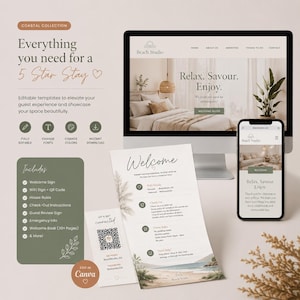 Puede incluir: Un conjunto de plantillas digitales para una propiedad de alquiler, con un monitor de computadora y un teléfono inteligente que muestran el sitio web Beach Studio, junto a un letrero de bienvenida y una tarjeta WiFi con código QR.