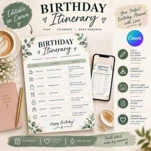 May include: A printable birthday itinerary template featuring a green eucalyptus leaf design, a schedule table with icons, and the text Birthday Itinerary. The document includes time slots from 9:00 AM to 10:00 PM for planning events and activities.