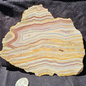May include: A polished, irregularly shaped stone slab with layered bands of color. The stone features a mix of cream, yellow, orange, and reddish-brown hues. A U.S. quarter coin is placed next to the stone for size comparison.