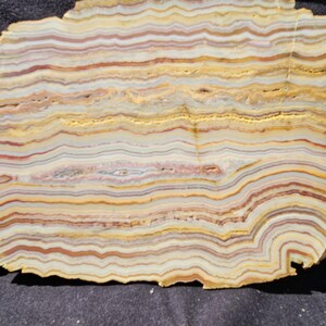 May include: A cross-section of a stone slab with layered bands of color. The colors include shades of yellow, brown, red, and gray, creating a striped pattern. The stone has a rough, natural edge and a quarter coin is next to it.