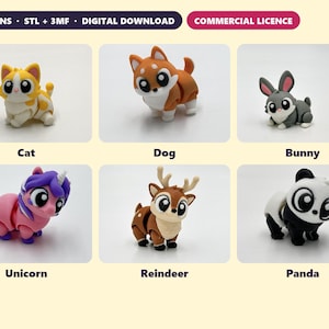 Peut inclure: Un ensemble de téléchargement numérique de 6 modèles incluant un chat, un chien, un lapin, une licorne, un renne et un panda. Chaque figurine animale a de grands yeux et des membres articulés. Le texte 6 DESIGNS STL + 3MF DIGITAL DOWNLOAD COMMERCIAL LICENCE est visible.