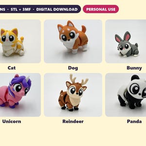 Peut inclure: Un ensemble de t&eacute;l&eacute;chargement num&eacute;rique de 6 mod&egrave;les incluant un chat, un chien, un lapin, une licorne, un renne et un panda. Chaque figurine animale a de grands yeux et des membres articul&eacute;s. Le texte 6 DESIGNS, STL + 3MF, DIGITAL DOWNLOAD, PERSONAL USE est visible.