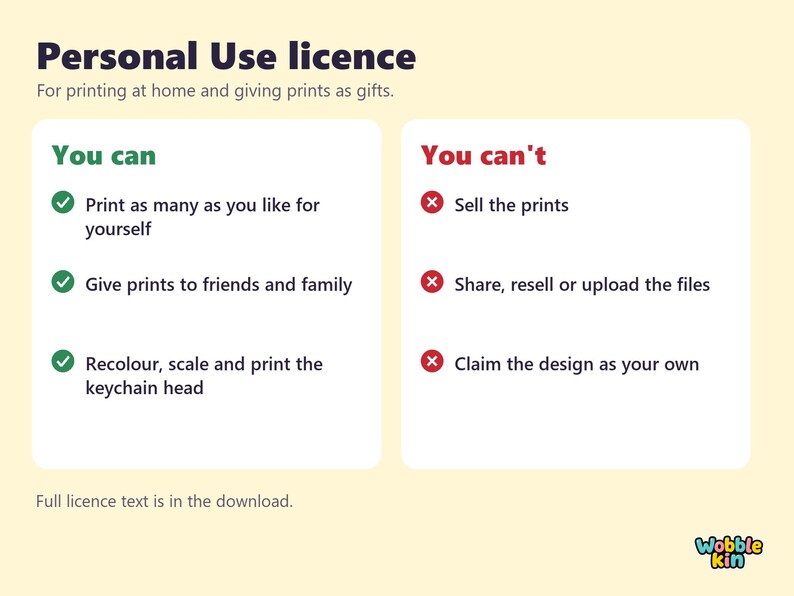 Peut inclure: Un graphique de licence d'utilisation personnelle sur fond jaune clair. Le texte d&eacute;crit les autorisations pour l'impression &agrave; domicile et les cadeaux. Il comporte deux colonnes : You can avec des coches vertes et You can't avec des croix rouges. Logo Wobble kin.