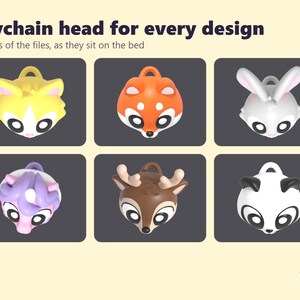 Peut inclure: Six t&ecirc;tes de porte-cl&eacute;s en rendu 3D repr&eacute;sentant des animaux : un chat jaune, un renard orange, un lapin blanc, une cr&eacute;ature &agrave; crini&egrave;re violette, un cerf brun &agrave; bois et un panda noir et blanc. Texte : Keychain head for every design.