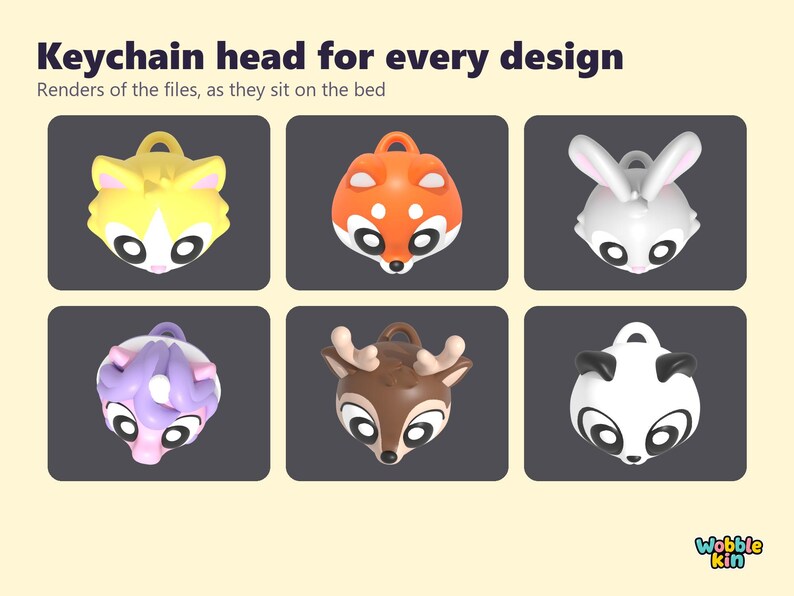 Peut inclure: Six t&ecirc;tes de porte-cl&eacute;s en rendu 3D repr&eacute;sentant des animaux : un chat jaune, un renard orange, un lapin blanc, une cr&eacute;ature &agrave; crini&egrave;re violette, un cerf brun &agrave; bois et un panda noir et blanc. Texte : Keychain head for every design.