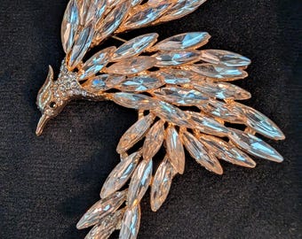 Stunning Gold Tone Large Statement Brooch - Bird with Large Marquis Rhinestones - Very Sparkly and Beautiful!