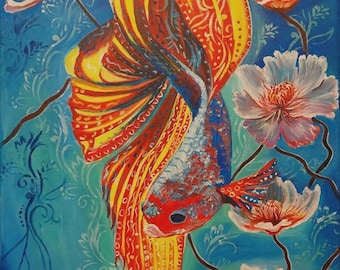 Tableau énergique sur toile représentant un poisson, symbole de chance et de richesse, peinture acrylique peinte à la main d'un poisson et d'une perle de coquillage, peinture énergétique, porte-bonheur, énergie