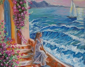 Dipinto ad olio, donna in riva al mare, impasto, dipinto originale, impressionismo, incorniciato con passe-partout, donna pensierosa su scalini fioriti, tramonto