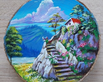 Dipinto acrilico su una fetta di legno di 20 cm, paesaggio montano con casa e fiori, quadro rustico dipinto a mano su legno, decorazione naturale di montagna, pittura paesaggistica