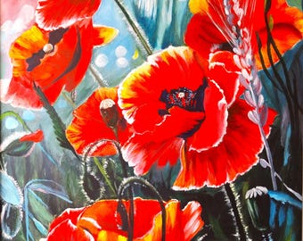 Modernes Mohnblumen Bild, Roter Mohn Wanddeko, Wohnzimmer Kunst, Florales Bild, Original Kunst, Wandbild fürs Schlafzimmer, Geschenk für sie