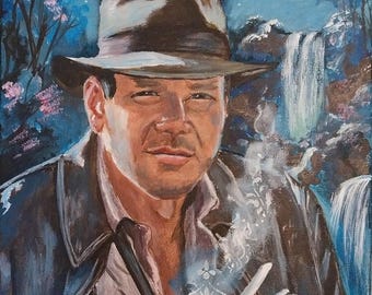 Indiana Jones Art - Portrait d'Harrison Ford avec cascade nocturne et livre, peinture fantastique et mystique, tableau original peint à la main, pièce unique