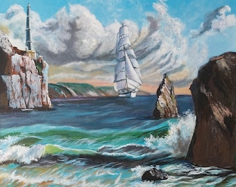 Arte marittima, acrilico, 50 x 70 cm, dipinto di un faro con una nave, paesaggio marino dipinto a mano con nuvole dinamiche, decorazione marina, paesaggio marino