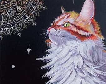 Original Katzen Gemälde, Handgemalte Rote Katze auf Leinwand mit Struktur, Whimsical Art, Schwarze Hintegrund, Geschenk für Katzenliebhaber