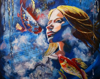 Fantasie Gemälde Frau & Fische, 3D Strukturpaste Bild Blau, Geschenk Sternzeichen Fische, handbemaltes Original, Kunst für Wohnzimmer,