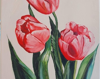 Dipinto acrilico di tulipani rossi, opera originale, arte floreale, arte moderna da parete, 24 x 30 cm, fiori dipinti a mano, piccola opera su tela