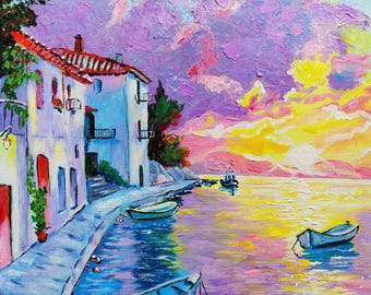 Sonnenuntergang am Meer Acrylgemälde, Mediterrane Küstenlandschaft mit Häusern & Booten,  Handgemachtes Wandbild, Spachteltechnik
