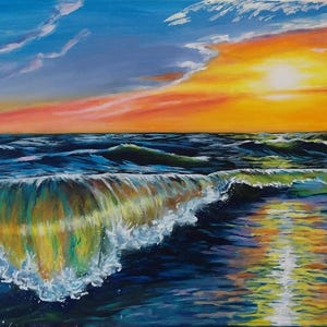 May include: An oil painting of a sunset over the ocean. The sky features vibrant orange and yellow hues near the horizon, transitioning to blue with wispy clouds. A large, cresting wave in the foreground reflects the golden light of the sun.