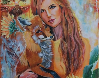 Original Acrylbild Strukturpaste, Rothaarige Frau mit Fuchs, Abstrakte Hintergrund, Warme Farben Sonnenblumen, 3D Wandbild Handgemalt Unikat