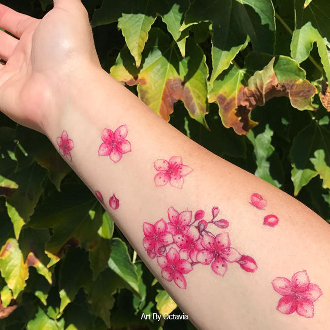 Blossom Tattoo Pink Cherry Blossom Temporary Tattoo Floral Etsy