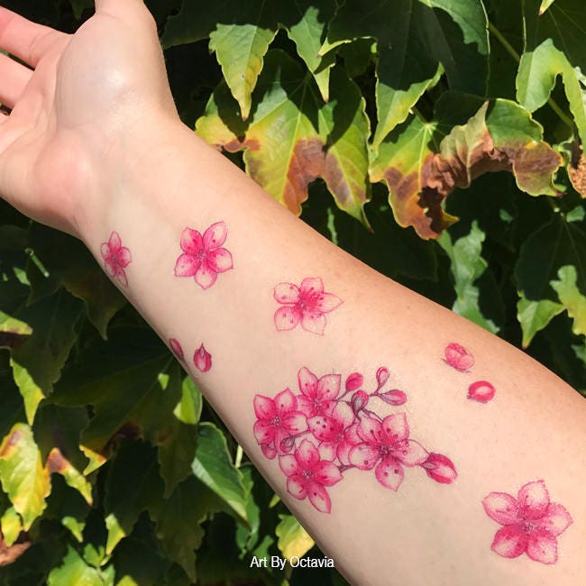 Blossom Tattoo Pink Cherry Blossom Temporary Tattoo Floral - Etsy