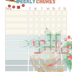 May include: A weekly chore chart featuring a brown owl wearing a Santa hat, the text WEEKLY CHORES, and a grid with columns for days of the week. The design includes red ornaments, green holly leaves, red berries, and gold bells as decorative elements.