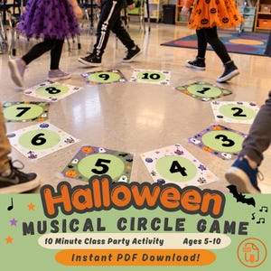May include: A Halloween musical circle game featuring ten square floor markers numbered one through ten, each decorated with ghosts, pumpkins, and cauldrons. The text reads Halloween MUSICAL CIRCLE GAME, 10 Minute Class Party Activity, Ages 5-10, Instant PDF Download.