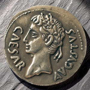 May include: A silver coin with a profile of a person wearing a laurel wreath, and the inscription "CAESAR AVGVS". The coin is likely a replica or historical artifact, with detailed relief work.
