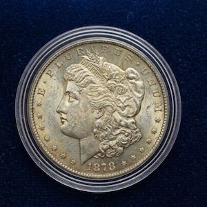 Puede incluir: Una moneda de plata con el perfil de una mujer, rodeada de texto y estrellas. La moneda está fechada en 1878. Se encuentra en una funda protectora transparente, sobre un fondo azul oscuro.