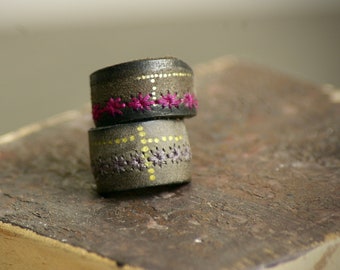 Leather Ring, Dark Brown leather ring with Pink stitching, gray leather with gray stitching, hand painted. Unisex ring, free shipping