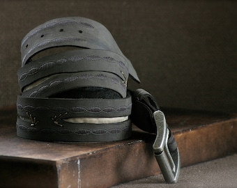 Handcrafted Gray Leather Belt – Lotus Design, Removable Buckle