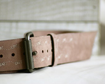 Women’s Handmade Leather Belt in Pink, Pastel Rose, Choose from three buckle finishes copper, brass and antique silver