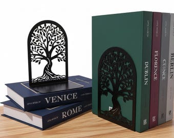 Tree of Life Metal Bookends – Decorative Black Book Holders for Shelves, Desk Organization