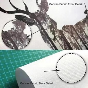 May include: Close-up of a canvas print featuring a deer silhouette with a forest scene within the antlers. The image shows the front and back fabric details, with the text "Canvas Fabric Front Detail" and "Canvas Fabric Back Detail".