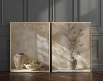 Set of 2 Olive Tree Canvas Prints – Beige Botanical Wall Art, Mediterranean Home Decor