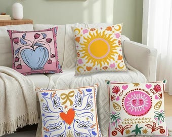 Whimsical Folk Art Pillow Cover, Boho Sun Cushion, Cottagecore Celestial Decor