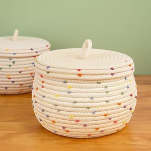May include: Two off-white rope baskets with lids. The baskets are decorated with colorful, evenly spaced dots. Each basket has a loop handle on the lid. The background is a light green color.