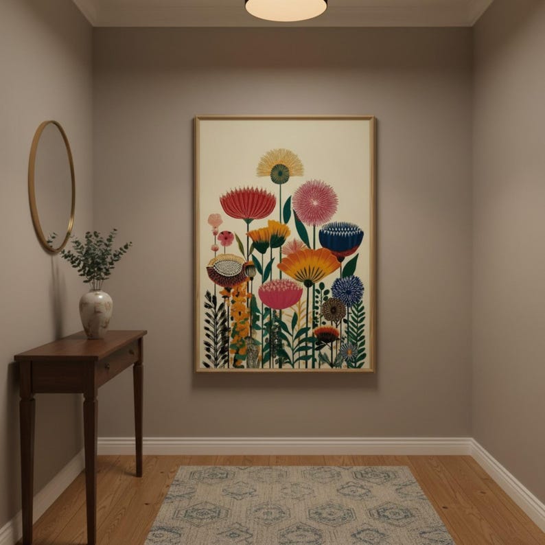 May include: A framed floral art print featuring colorful stylized flowers in shades of red, yellow, orange, pink, and blue. The artwork is displayed in a hallway with a wooden console table, a round mirror, and a patterned rug.