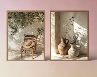 Vintage Olive Tree Straw Chair, Canvas Poster Vase Mediterranean, Landscape Wall Art Poster ,For Modern Living Room Home Decor