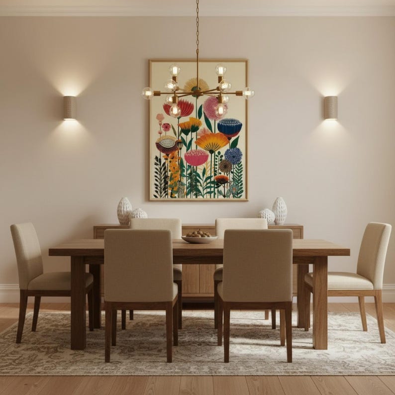 May include: A dining room set featuring a wooden table and six upholstered chairs. A colorful floral artwork hangs above the table, complemented by a modern chandelier and wall sconces. The room is decorated with a neutral color palette.