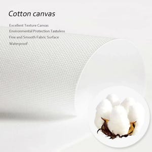 May include: White cotton canvas material with the text "Cotton canvas". The image shows a rolled section of the canvas, with a close-up of cotton bolls in a circular inset. Additional text describes the canvas as having excellent texture, being tasteless, and waterproof.