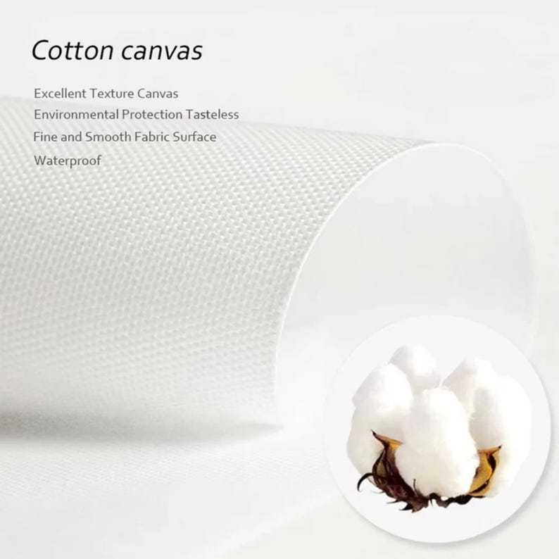 May include: White cotton canvas material with the text "Cotton canvas". The image shows a rolled section of the canvas, with a close-up of cotton bolls in a circular inset. Additional text describes the canvas as having excellent texture, being tasteless, and waterproof.