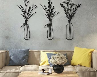 Black Metal Flower Wall Art:3-Piece Steel Home Decor, Decorative Wall Art For Any Room, House Warming Gift