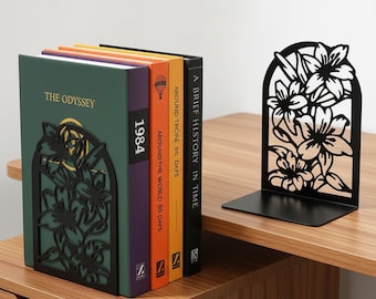 Flower Metal Bookends for Shelves | Modern Decorative Heavy Duty Book Ends | Floral Book Supports for Office, Home Library & Study Room