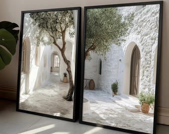 1/2pcs Mediterranean Olive Tree, Courtyard Landscape Canvas Print , Island Coastal Building Wall Art, Modern Home Decor, Coastal Wall Decor