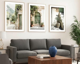 Frameless Bohemian Wall Art Set of 3 – Green Door Photography Prints |  Mediterranean Gallery Wall | Olive Tree & Botanical Canvas Decor