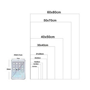 May include: Diagram showing various rectangular sizes in centimeters, including 60x80cm, 50x70cm, 40x50cm, 30x40cm, 21x30cm, 20x25cm, 15x20cm, 13x18cm, and 10x15cm. An iPad 9.7 inch is shown for size comparison, measuring 17cm wide and 24cm tall.