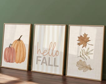 Hello Autumn Canvas Print Set |Pumpkin & Autumn Leaves Wall Art |Fall Wall Decor | Halloween Decor | Neutral Autumn Prints | Unframed Canvas