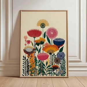 May include: A framed floral art print featuring a colorful array of stylized flowers in shades of red, pink, yellow, orange, and blue. The artwork has a cream-colored background and is set in a light brown wooden frame. The flowers are depicted with intricate details.